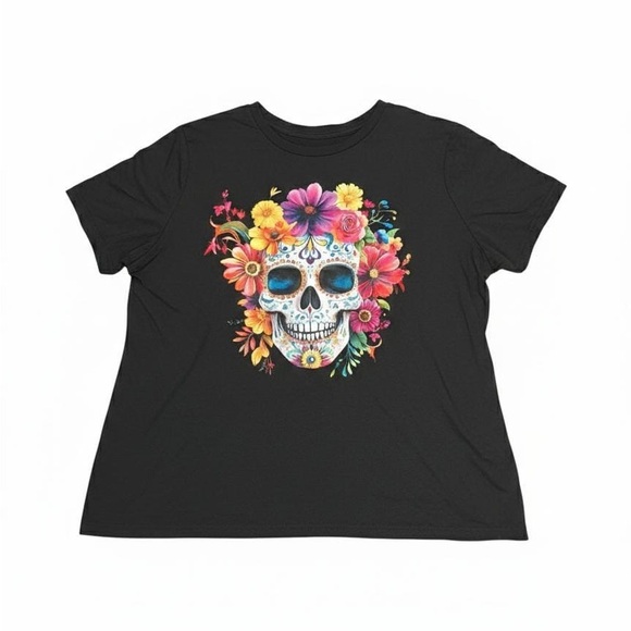 newagain Tops - Black Floral Skull Graphic Tee